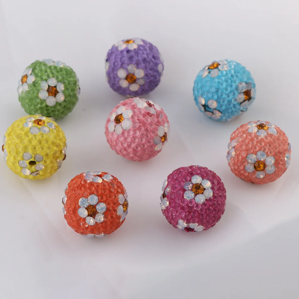 Jelly Flowers Decorated Round Crystal Rhinestone Gumball Round Jewelry Beads Fit Bracelet Necklace Earring Pen Making 15pcs 16mm