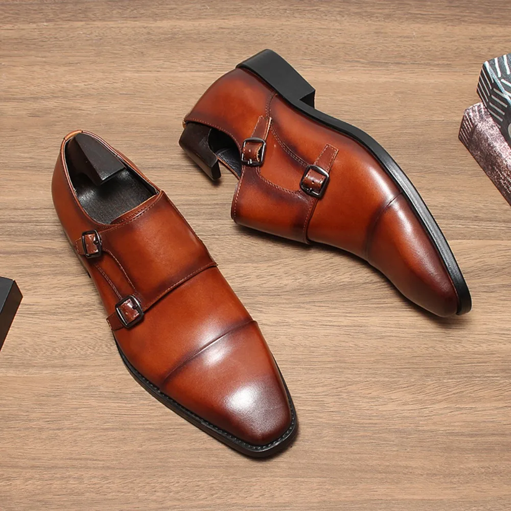 Classic Retro Dress Men's Monk Leather Shoes with Square Toe Double Button Business Office Wedding Comfortable Men Oxfords Shoe
