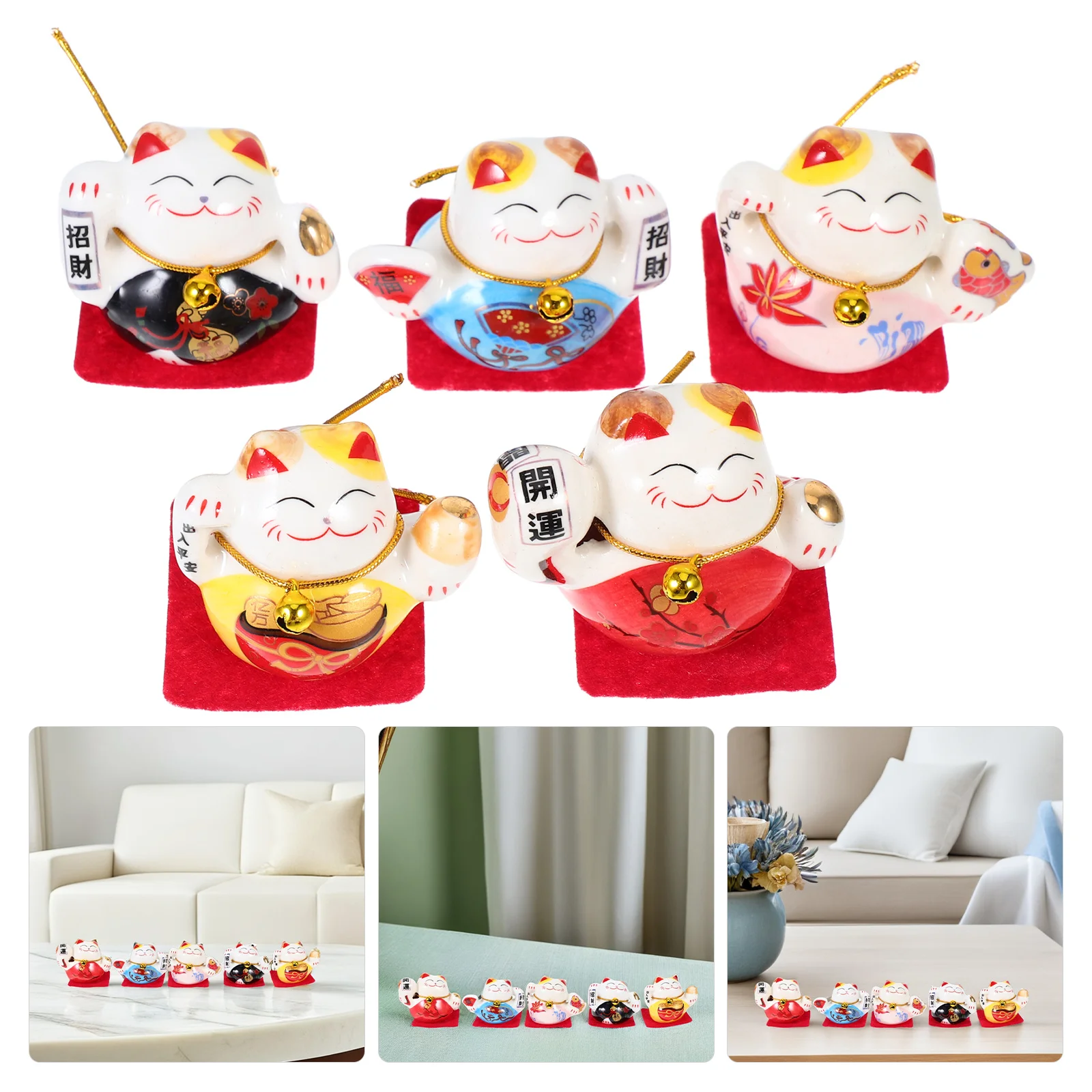 

5Pcs Lucky Cat Mini Ceramic Statues Handcarved Japanese Charm Desk Home Decor Prosperity Ornaments Feng Shui Wealth