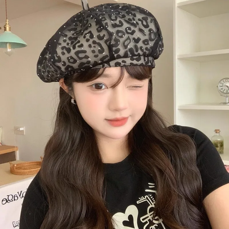 

Niche Personality Y2k Leopard Print Mesh Beret Spring and Summer Street Trend Breathable Dome Painter Hat for Women's