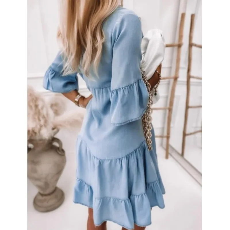 엘레강스 데일리 여성 드레스 2025 여름 솔리드 컬러 브이넥 미디 슬리브 A라인 패턴 스탠드 칼라 러플 셔츠 드레스（데님 아님）