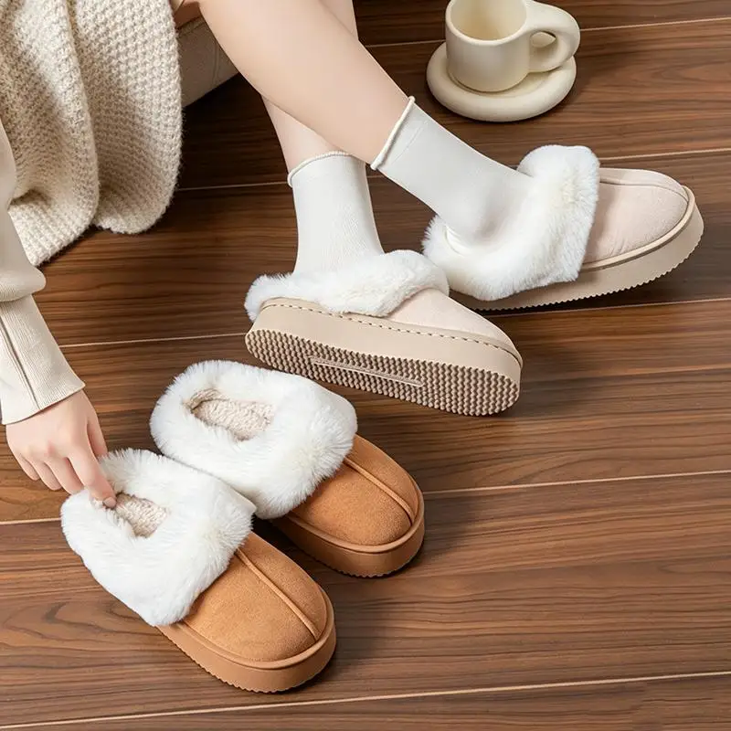 Flauschige Pelz-Mules mit dicker Sohle für Damen, Winter 2026, warme kurze Plüsch-Outdoor-Hausschuhe, Marken-Wildleder-Baumwollschuhe für Damen – Detail 3