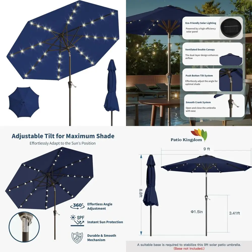 

Navy Blue 9FT Tilt & Crank LED Lighted Solar Umbrella for Patio, Garden, and Pool Use