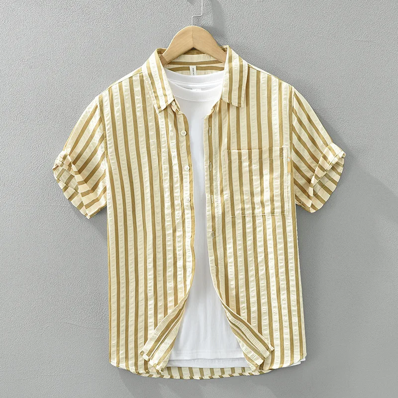 

Summer Fresh Stripd Shirts Men Short Sleeve Casual Man Shirts Lapel Bubble Shirt with Pocket Tops Japanese Style Chemise Homme