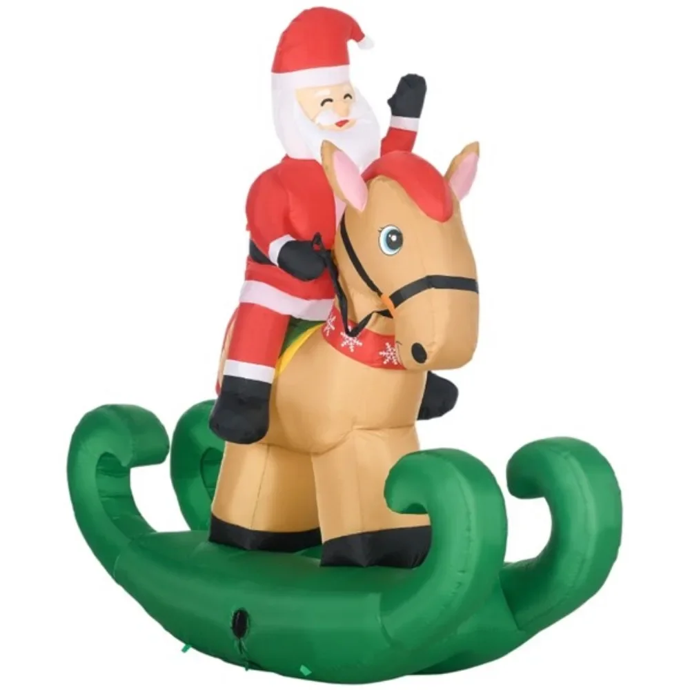 Santa Claus rides a rocking horse inflatable toy to bring a cohesive Christmas display LED lights to create a cheerful effect