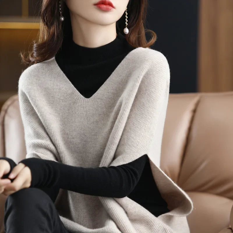 Sweater rajutan lengan panjang leher V Wanita kasual mode baru sweater rajutan sayap kelelawar Solid longgar polos rompi pakaian rajut musim gugur