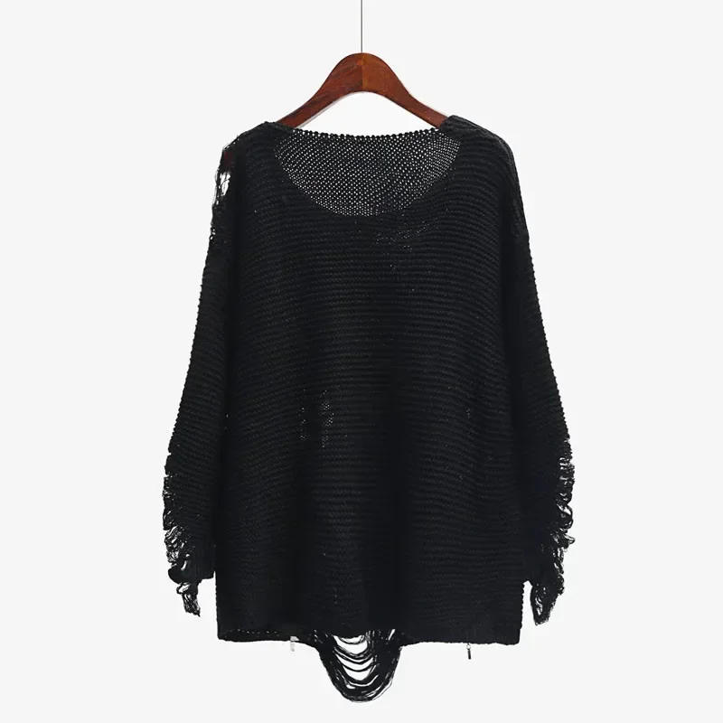 Women Long Sleeve Loose Casual Hollow Out Knit Pullover Jumper 2024 New Fall Fashion Side Zipper Ripped Black Sweater Holes Top