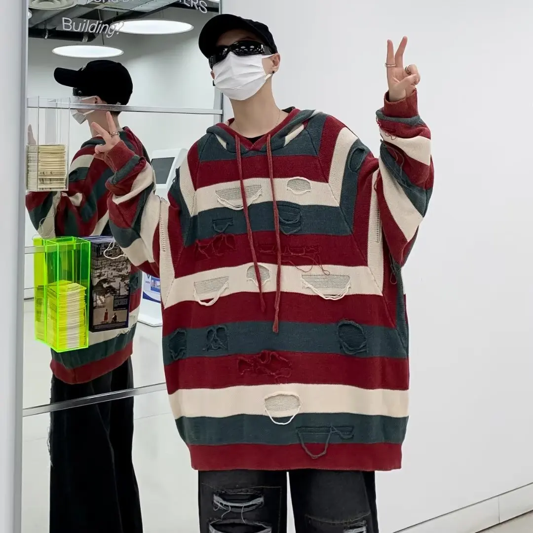 

Men's Oversized Knitwear Hoodie Striped American Retro Design Hole Punching Autumn Winter Pullover Sweatirt Polyester Fiber