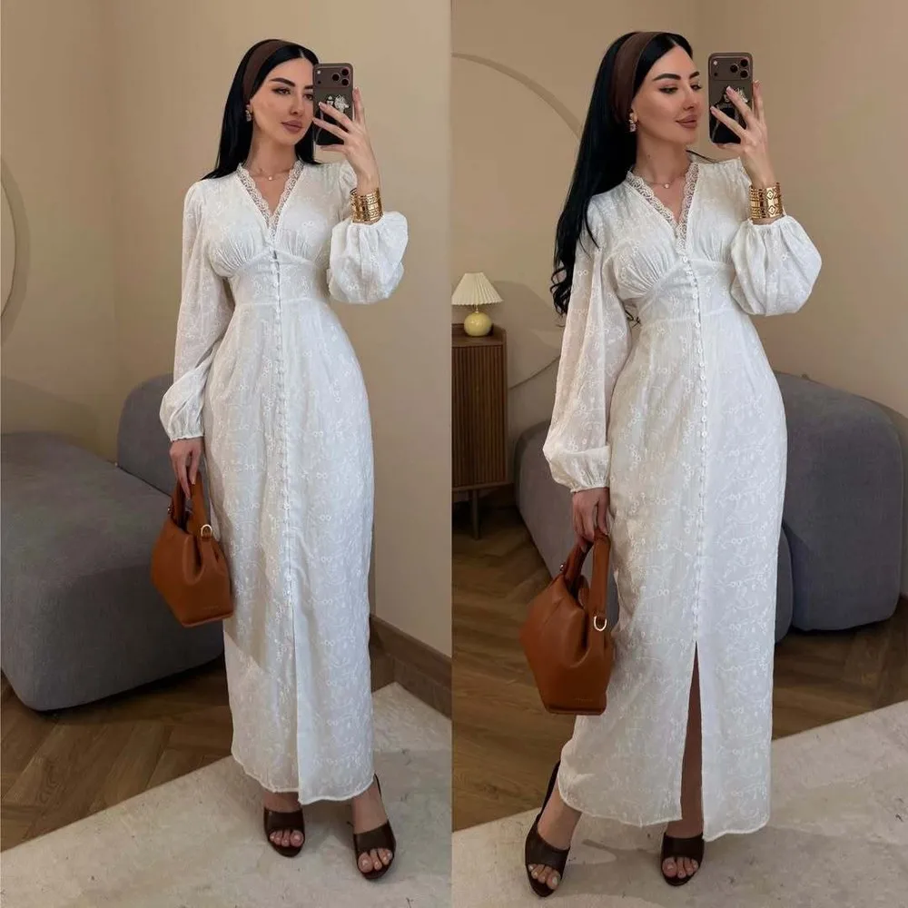 

Women V Neck Long Sleeve Lace Trim Bubble Sleeve Single Breasted Bodycon Dress Dresses Spring Summer