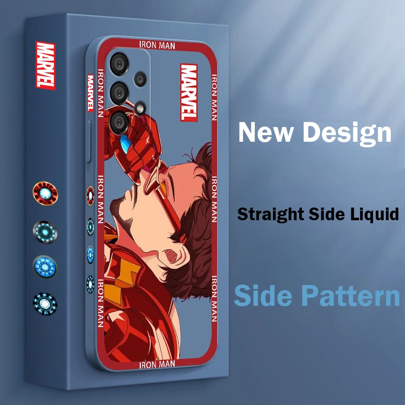 Funda de teléfono con logotipo de Iron Man para Samsung, carcasa con cuerda líquida izquierda, compatible con los vengadores, A73, A53, A33, A52, A32, A71, A51, A21S, A50, A30, 5G