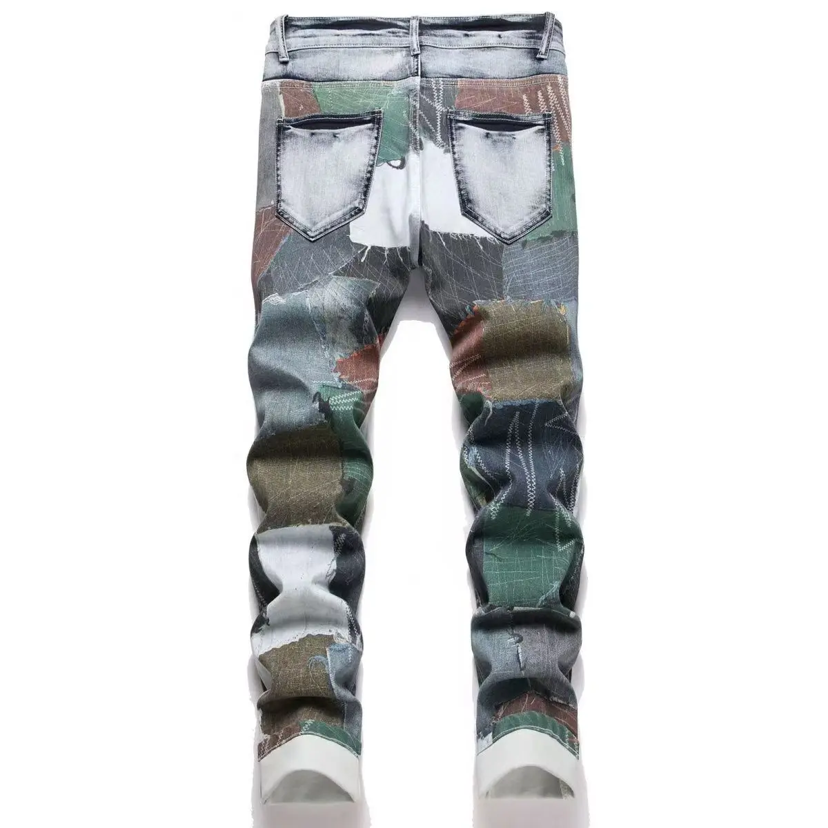 Y2K fashion new men's jeans stretch 3D printed slim fit washed nostalgic light blue jeans high street hip-hop brand splicing pan