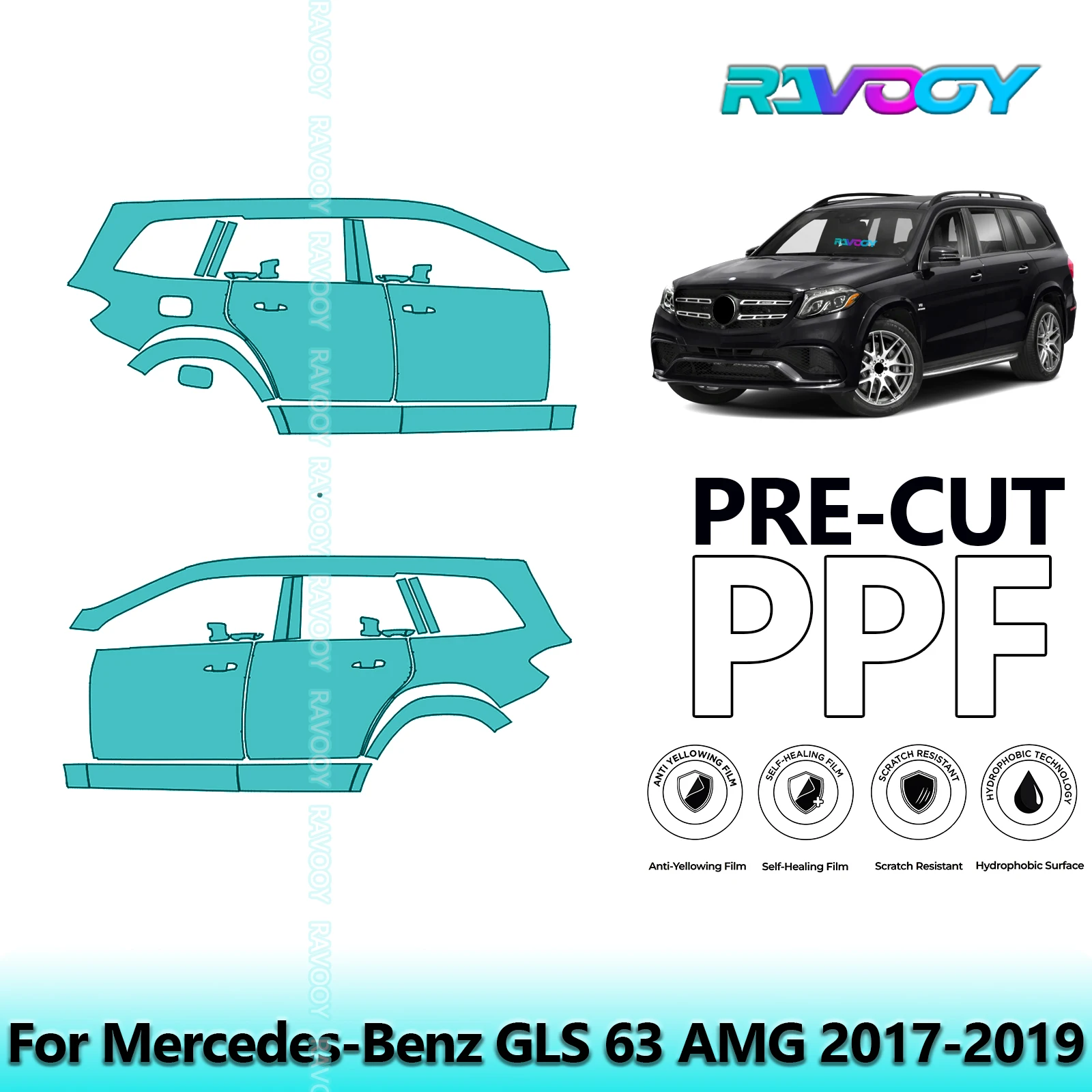 

For Mercedes-Benz GLS 63 AMG 2017-2019 8.5mil Clear Matte Pre-Cut PPF Door & A/B Pillar Kit TPU Paint Protection Film Set