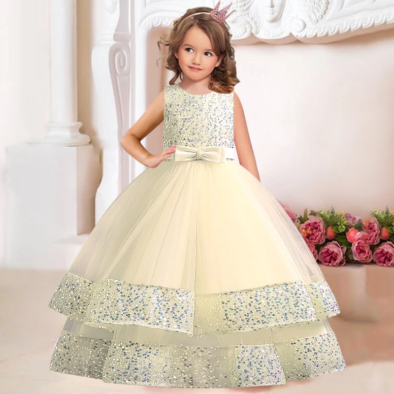 Children\'s Sequins Bowknot Princess Dress Girls\' Fashion Pearl Cake Long Dress Christmas Banquet Host Show Dress