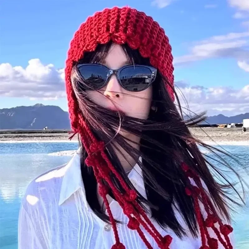 West Sichuan Tourism Red Hollow Knitted Baotou Hat Premium Sense Wear Wool Hat Mountaineering CoverCold Hat Women Share Products