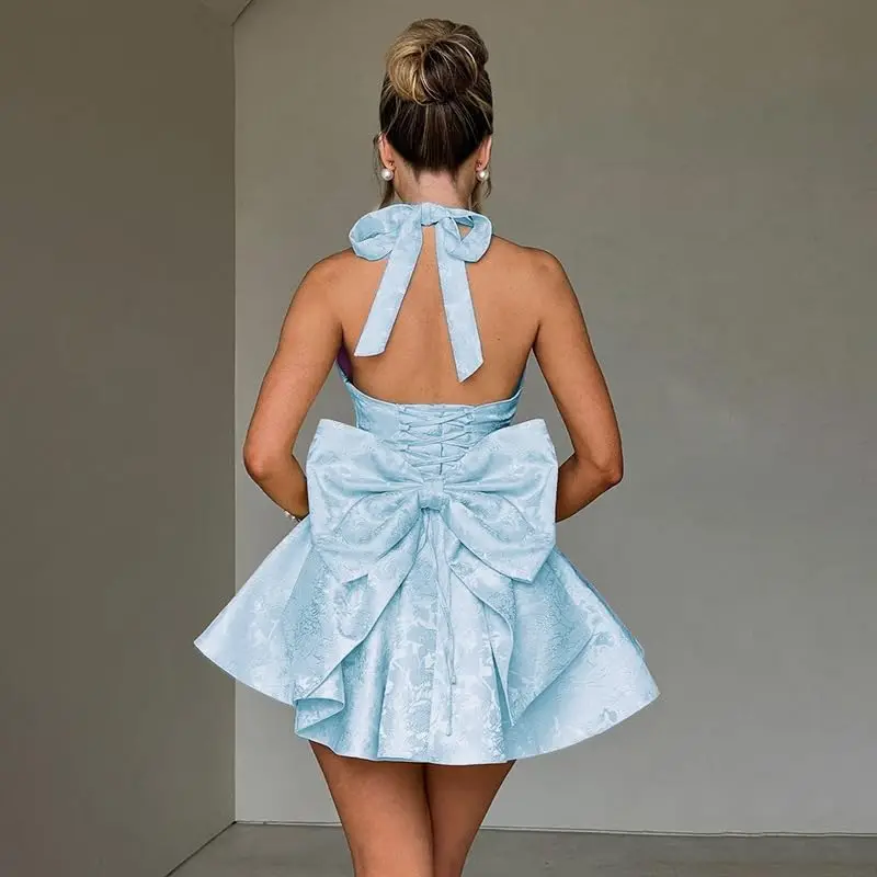 Damen-Kleid aus Satin mit tiefem V-Ausschnitt und Stickerei, A-Linie, Minirock, formelles Tanzkleid mit Fliege, zum Schulanfang, hängender Hals