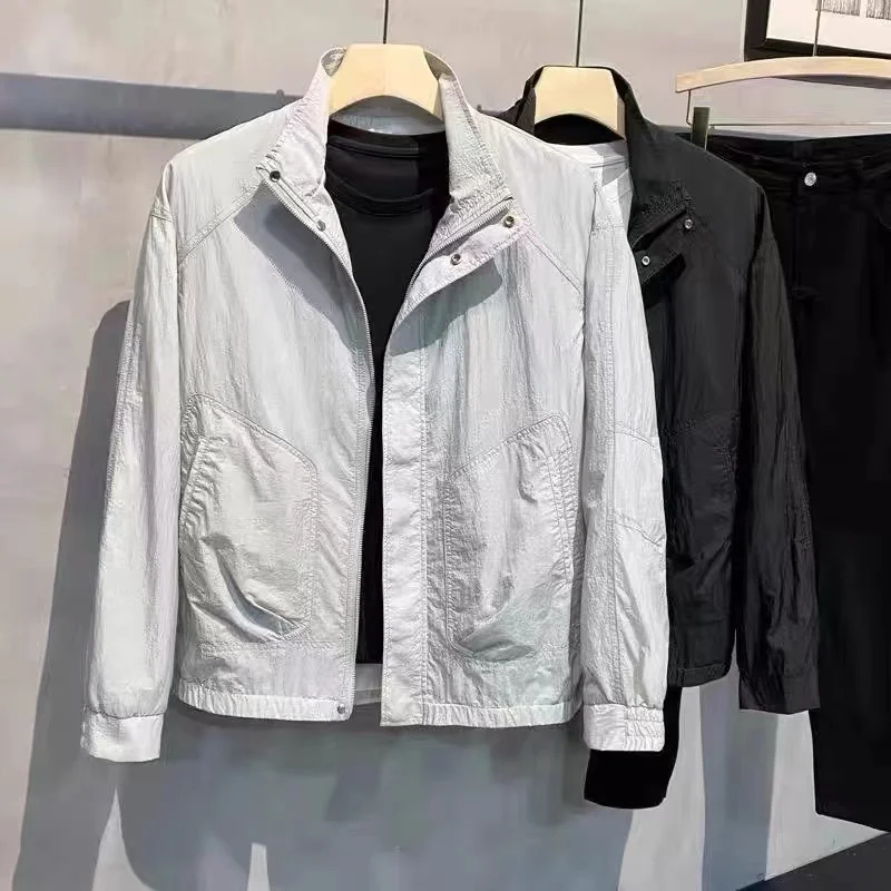 

Легкая куртка из ледяного шелка, повседневная, свободного кроя, с воротником-стойкой, мужская летняя верхняя одежда, дышащая, с защитой от солнца, с длинными рукавами, на молнии