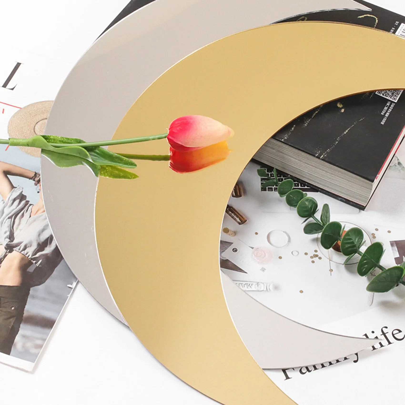 ATTWO-Moon Mirror Boho Wall Sticker Large Decor For Urban Living Room Apartment Bedroom
