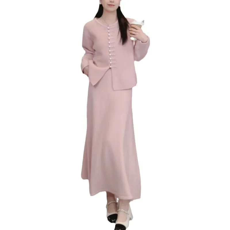 2024 Autumn and Winter New Buckle Solid Color Knitted Cardigan Half Skirt Two-piece Long Set