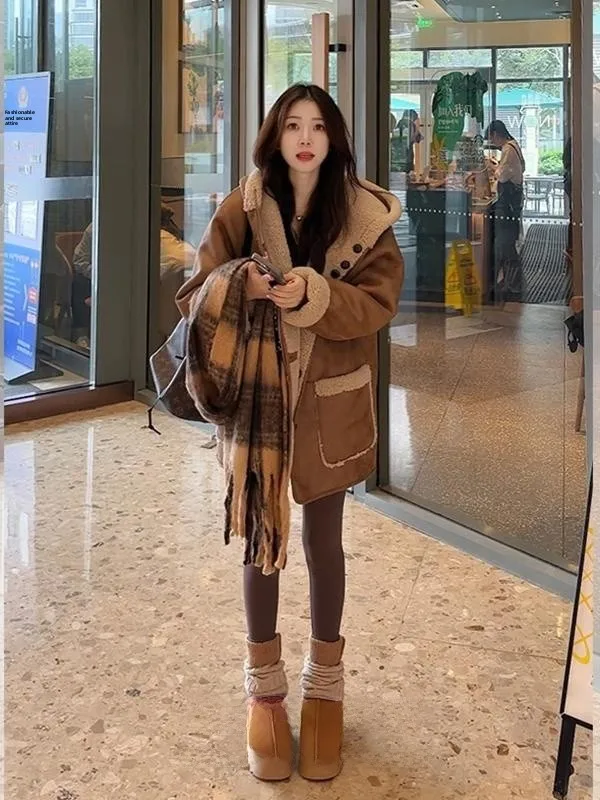 

Korean Retro Hooded Double-Sided Lamb Fur Jacket Women's Spring New Loose Thick Warm Cardigan Top Warm Commute Style