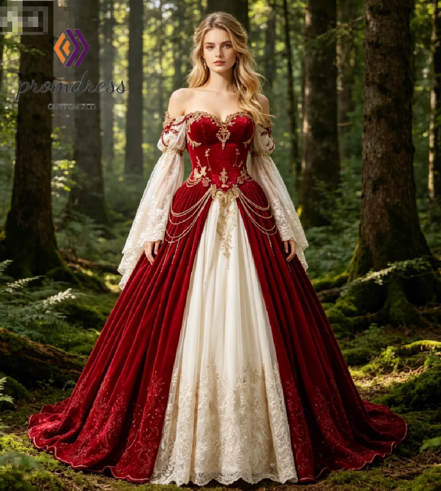 Enchanted Forest Red Velvet Medieval Wedding Dress 2026 Off Shoulder Victorian Celestial Whimsigoth Bridal Gowns Ombre Cosplay