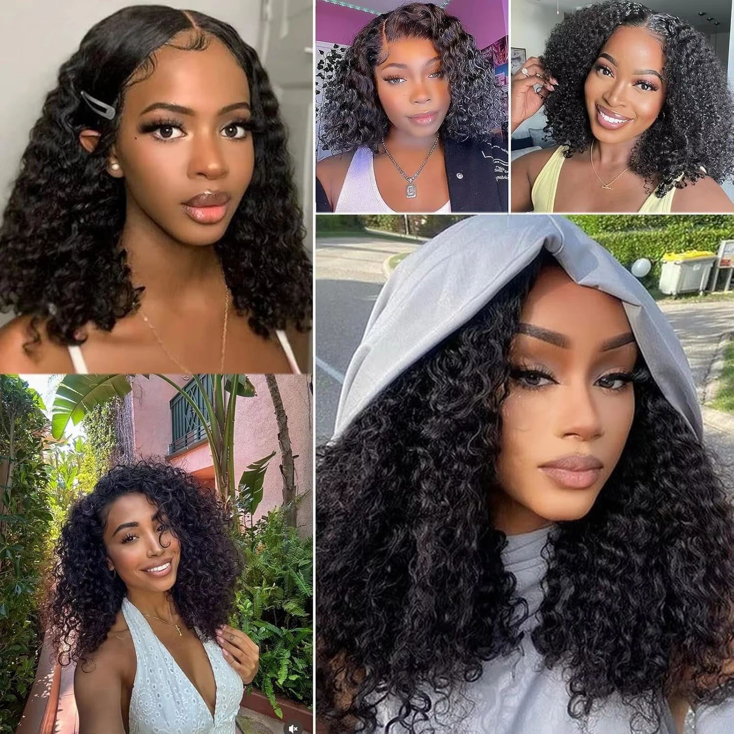 8-16 Inch Bob Curly Human Hair Wigs 13x4 HD Lace Frontal Wig Bouncy Deep Wave Texture Natural Black Human Hair Wigs Pre Plucked Bangs For Daily Wear view 7