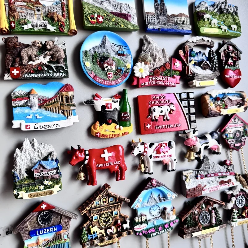 مغناطيس الثلاجة في سويسرا بيرن زيورخ زيرمارت لوزيرن بقرة الألبان السويسرية Jungfraujk ساعة الوقواق مجموعة ديكور المنزل