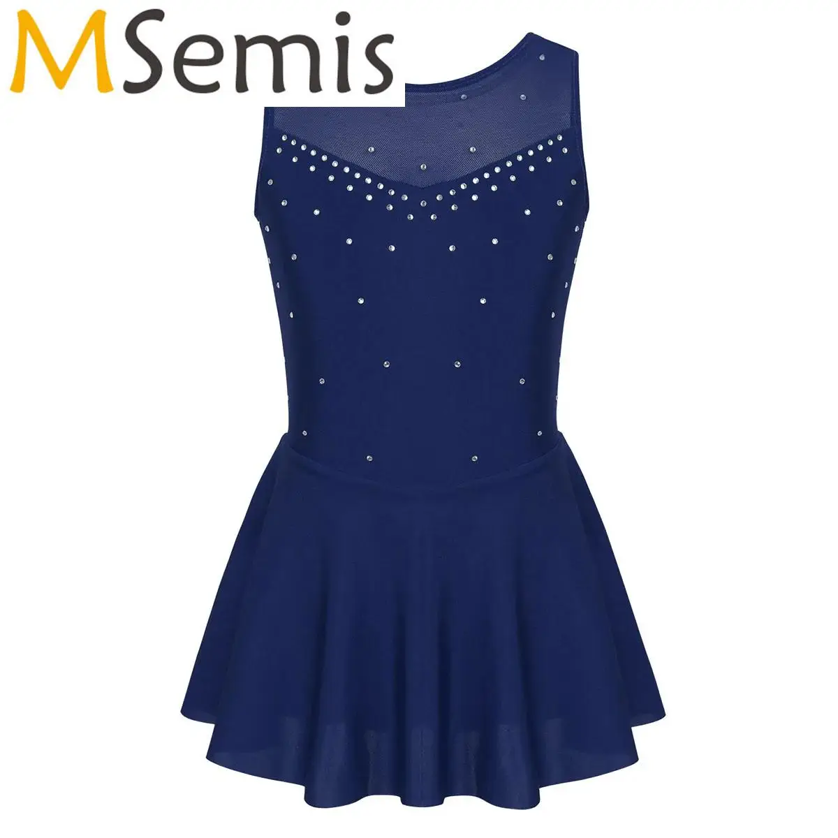 

Kids Girls Ballet Dance Leotard Dress with Irregular Skirt Sparkly Rhinestone Tulle Back Figure Skating Roller Skating Costume