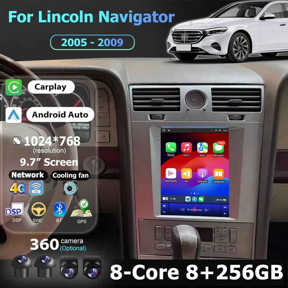 راديو السيارة الوسائط المتعددة مشغل فيديو ستيريو 9.7 بوصة شاشة لينكولن نافيجيتور 2005- 2009 أندرويد 16 السيارات Carplay 360 كاميرا DSP #1