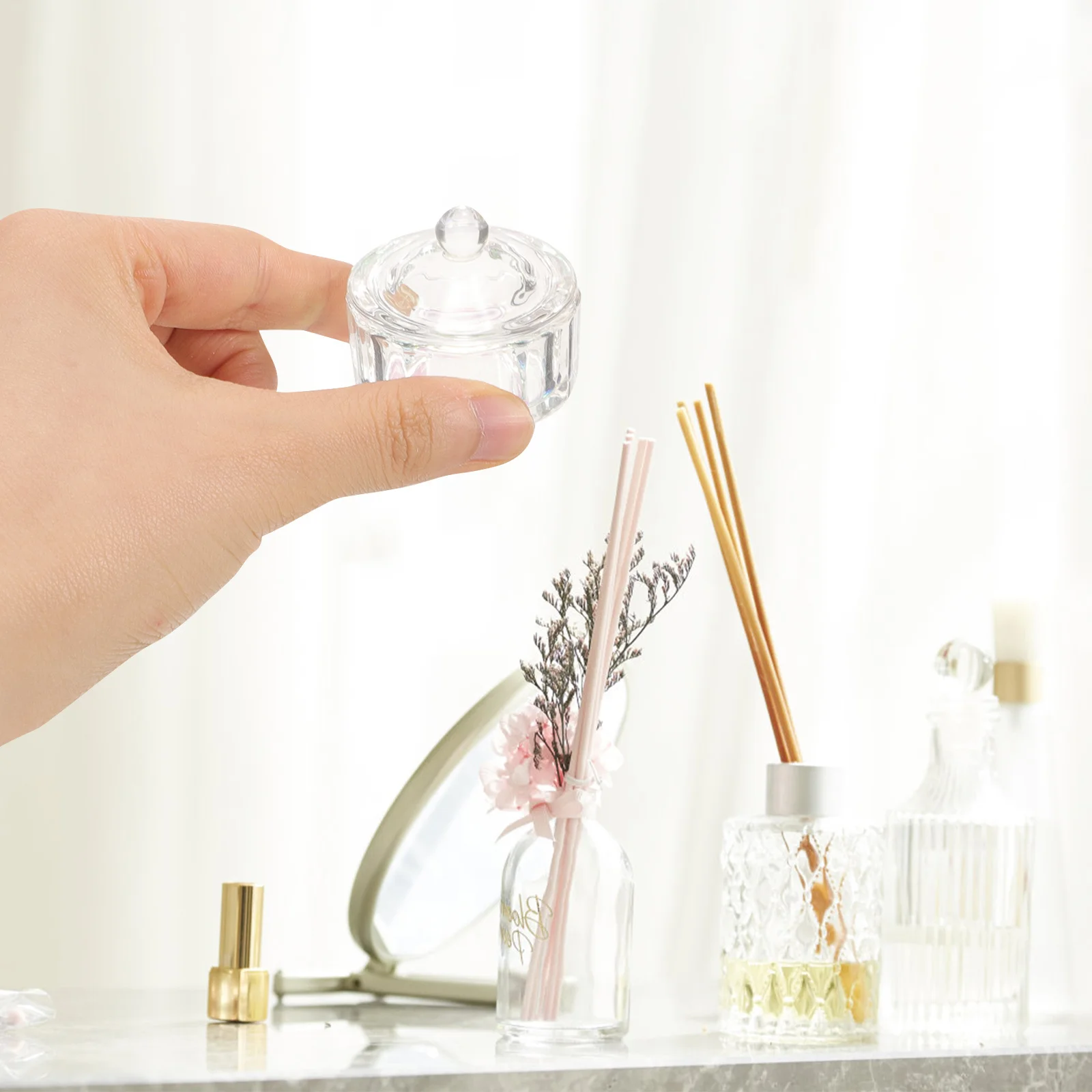 2 bicchieri per unghie in vetro cristallo, ampia applicazione, piatto Dappen per strumento per manicure per miscelazione di polvere liquida acrilica con coperchio