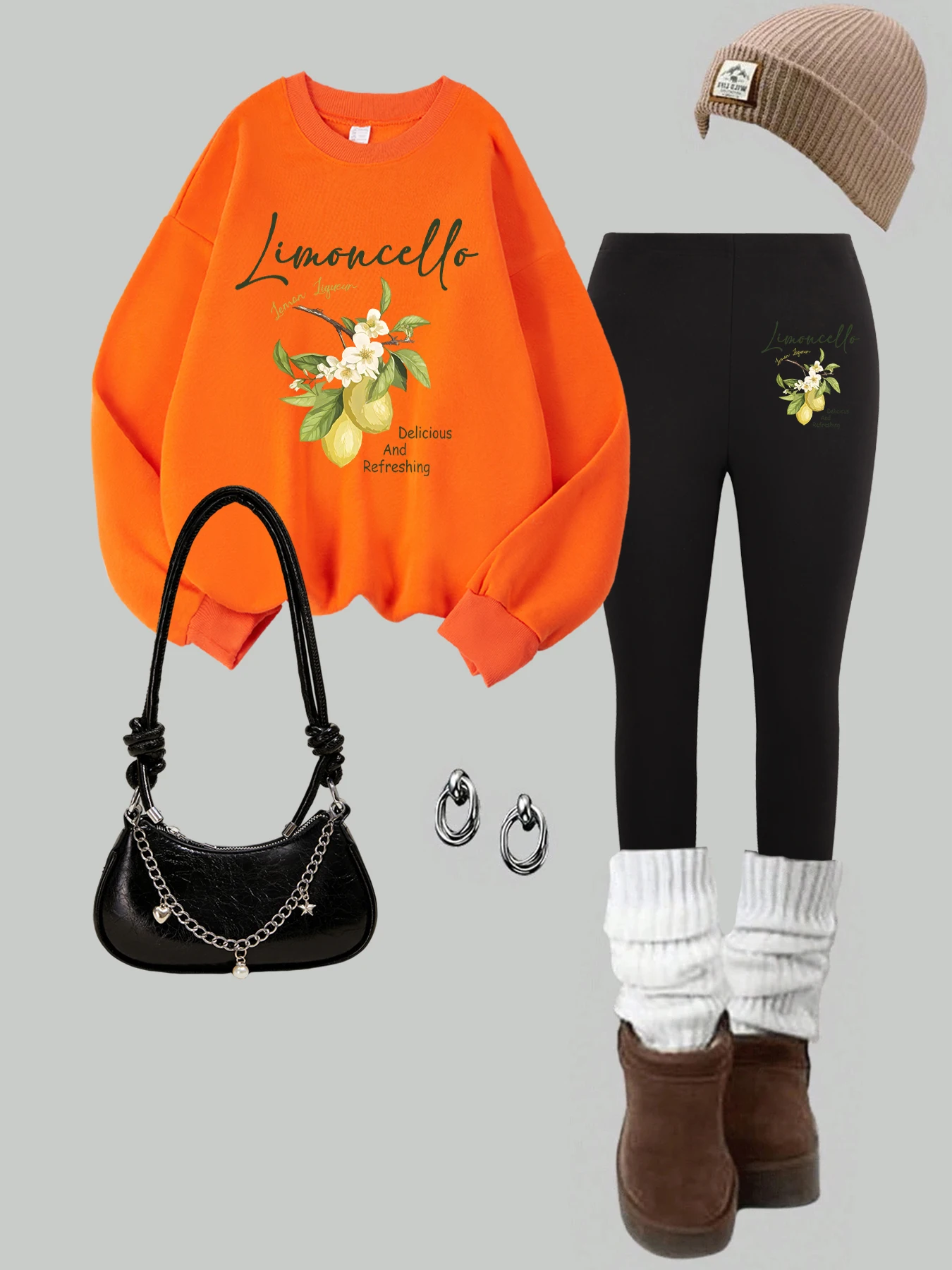 Jersey con estampado refrescante y deliciosa de violonchelo y limón para mujer, conjunto de sudadera holgada de otoño, mallas gruesas de lana, ropa deportiva con cuello redondo Y2K