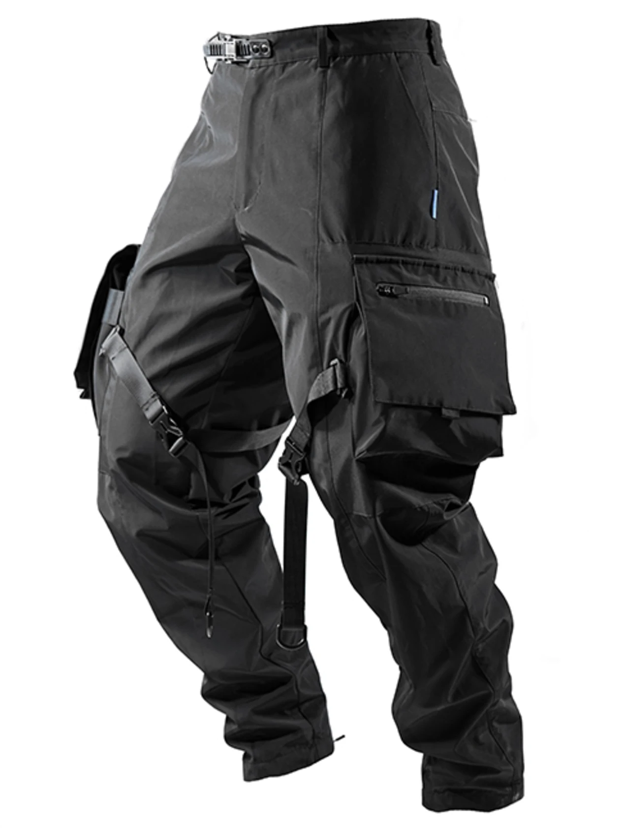 補強されたlusion18aw機能防水ブラックカーゴパンツ、ストラップ付き大きなポケット付きtechwear darkwear trouer