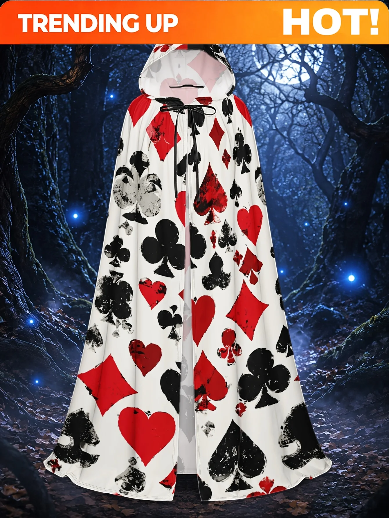 Customization 1pc Durable Polyester Witch Cape With Grunge Spades Hearts Playing Cards Print, Adult Hooded Cloak For Halloween S