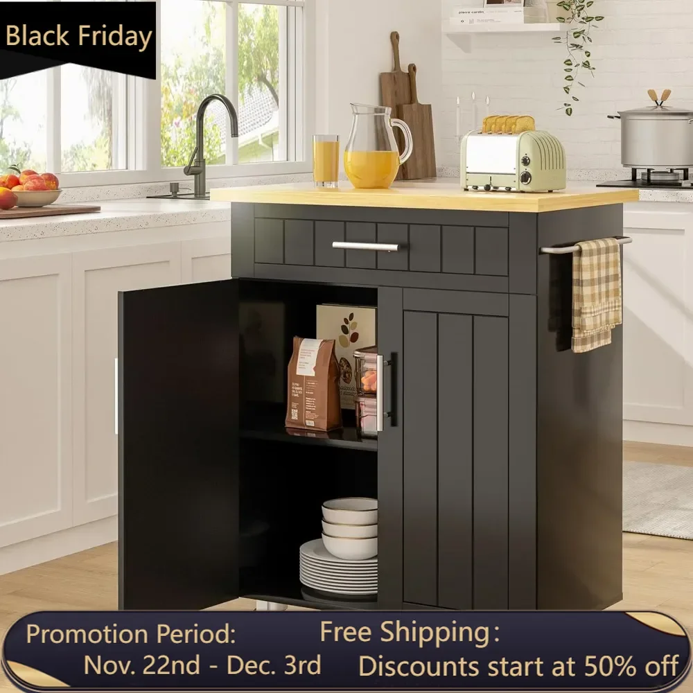 

Kitchen island with wheels, storage cabinets and drawers, towel rack or freely movable trolley handle, portable kitchen island