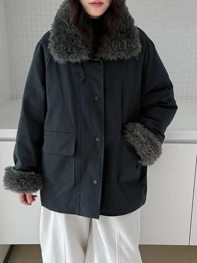 

Абрикосовый толстый пуховик большого размера из овечьей шерсти, новые теплые женские парки с лацканами и длинными рукавами, модные осенне-зимние парки