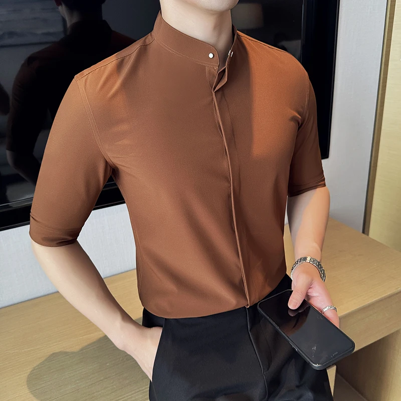 

High Quality Metal Buttons Decor Half Sleeve Shirts 2024 Summer New Men Slim Fit Casual Social Business Blouse Homme