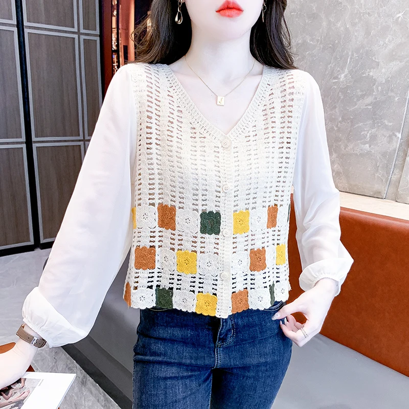 Girls Chiffon Stitching Hollow Out Jacquard Weave Blouse Women Clothing Female Fashion Casual WomensTops V-neck cardiganPy1936