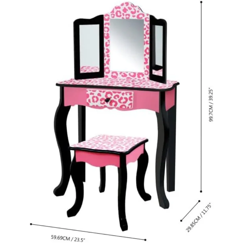 Play Vanity Set with Tri-Fold Mirror, Storage Drawer and Matching Stool to Play Dress-up, Princess or Beauty Shop, Black/Pink