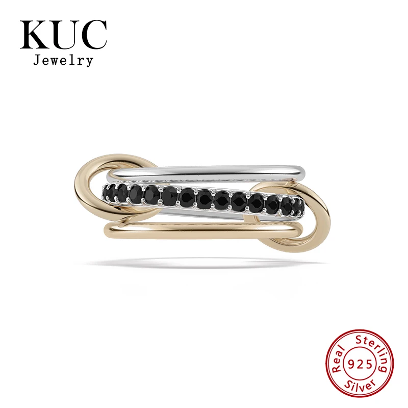 Exquisite Trendy Designer Fine Jewelry Plata 925 Sterling Silver Two Tone Multi-Layer Black Zircon Anillos Rings for Women