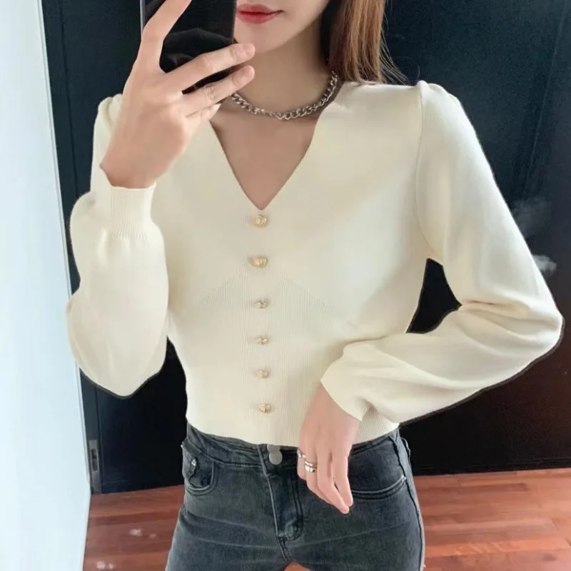 Fashion Vintage Long Sleeve Short Women Sweater 2024 Autumn V-neck Cardigan Elegant Solid Casual Knitted Tops