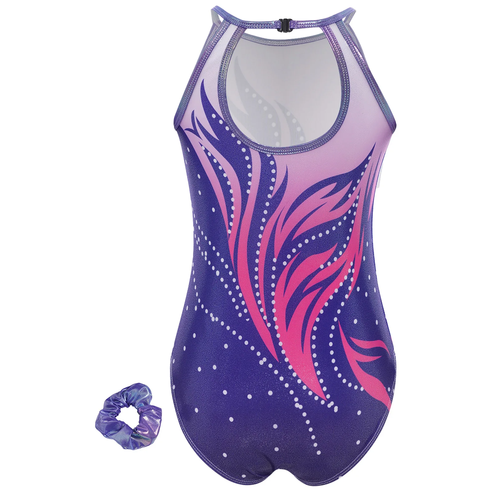 Kids Girls Gymnastics Dance Costume Ballet Leotard Sleeveless Keyhole Back Color Block Printed Bodysuit with Hairband Dance Wear