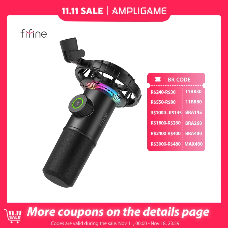 FIFINE Gaming USB Microphone for YouTube,Podcast Dynamic Mic with RGB Light/Light-touch Mute/Gain Knob for PC,Tablet,Record-K658