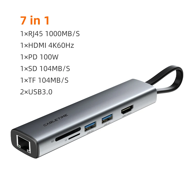 CABLETIME 7 in 1 Slim USB C HUB USB 3.0 Adapter Adapter LAN 1000Mbps HDMI 4K 60Hz 100W Card Reader Portable for MacBook iPad air