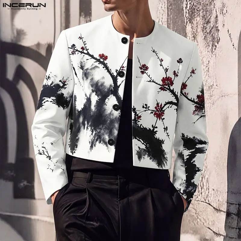 INCERUN Men's Blazer Printing Vintage Long Sleeve Button Casual Crop Blazer For Man Streetwear Spring Autumn Retro Male Suits