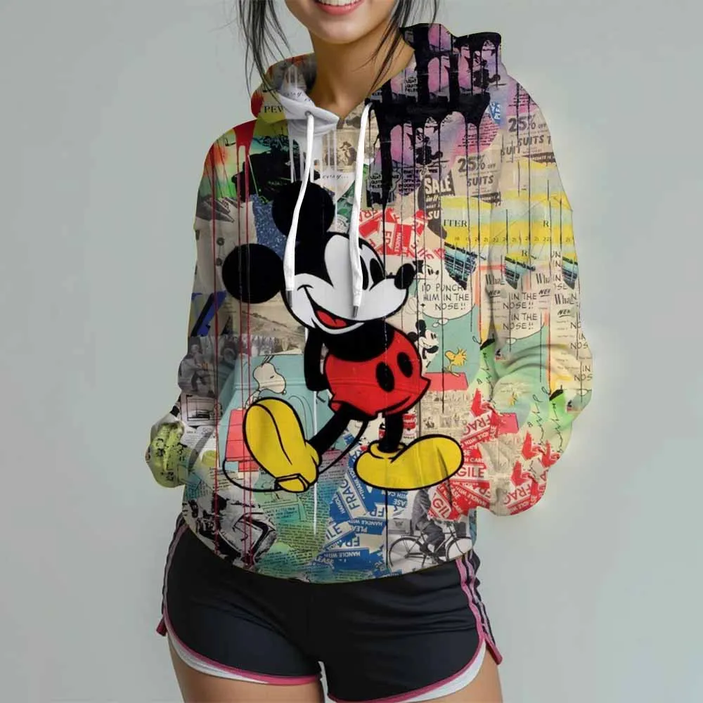 Women's Disney Mickey Mouse Print Sweatshirt Long Sleeve Round Neck Loose Casual Pullover Tops Oversized Fall Hoodies