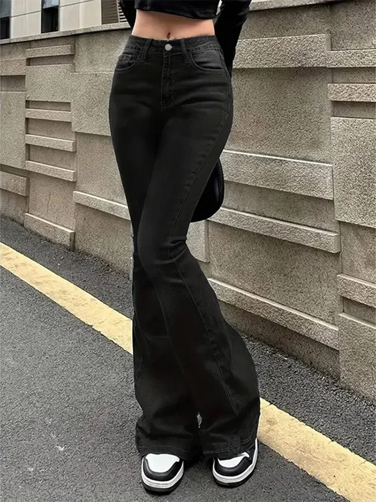 2025 女性シックなハイウエストフレアジーンズ女性新スリムフィットブーツカット安いデニムパンツファッション純粋な黒のベルボトムズボン