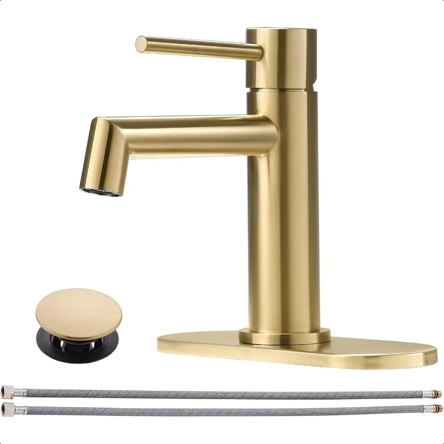 

Brushed Gold Bathroom Faucet with Plastic Pop Up Drain 6.25'' Metal Escutcheon and ply Lines Single Handle Stainl Basin Mixer T