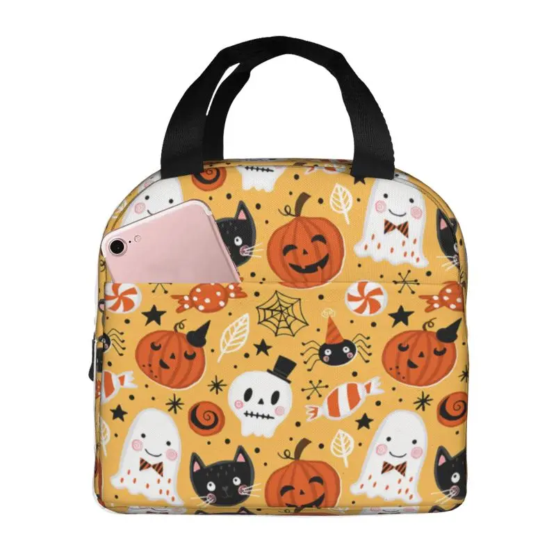 

Halloween Pumpkins Ghosts Cats Skulls Thermal Insulated Lunch Bags Women Lunch Tote for School Office Outdoor Food Bento Box
