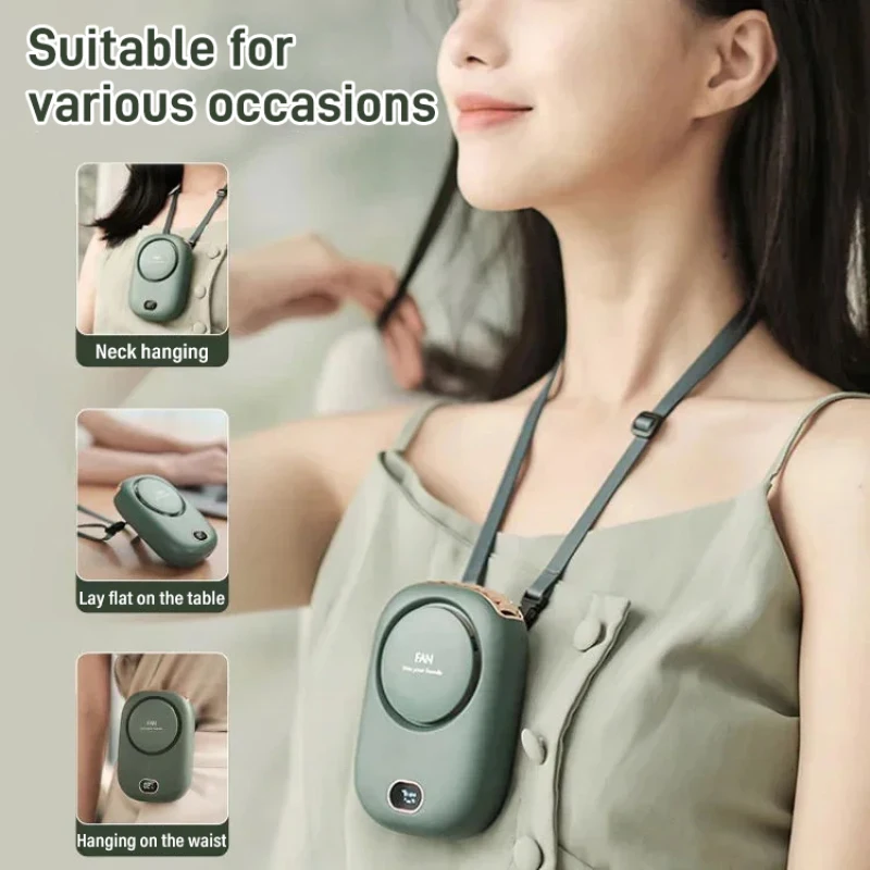 

Silent Bladeless Neck Fan with Digital Battery Display 1800mAh USB Rechargeable 3 Speeds Hanging Waist Desktop Portable Mini Fan