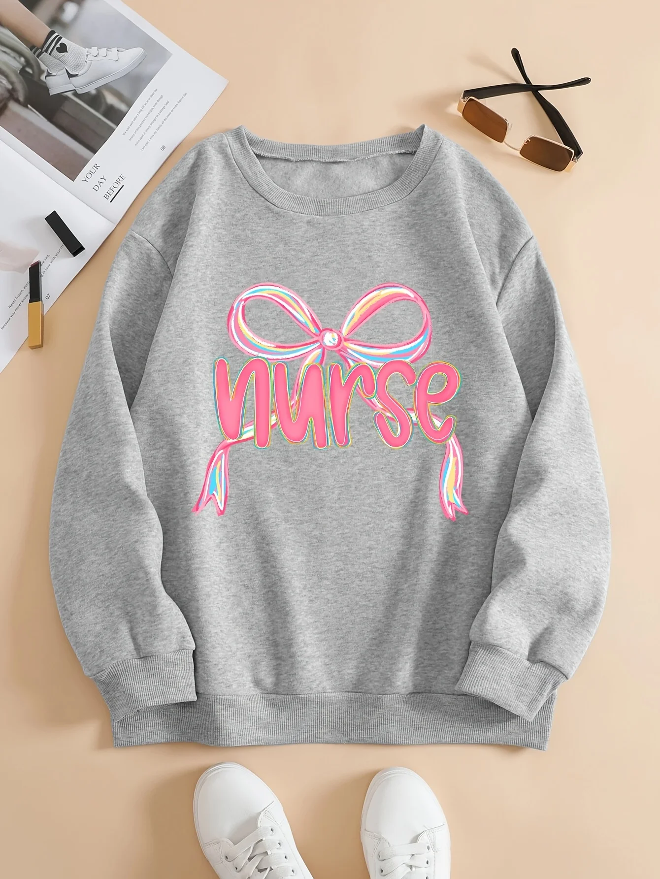 Women's Printed Nurse Sweatshirt-Beige Blouse with Pink Lace Pullover Casual Medium Elastic Pullover for Health Professionals