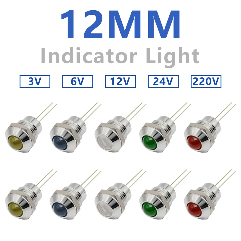 

Металлический индикаторный светильник 2-контактный, круглый, 12 мм, сигнальная лампа, доступны различные варианты напряжения: 3В/6В/12В/24В/220В